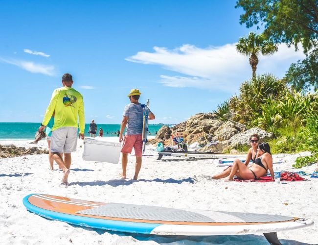 People are relaxing on a sunny beach with surfboards, greenery, and a clear blue sky in the background.